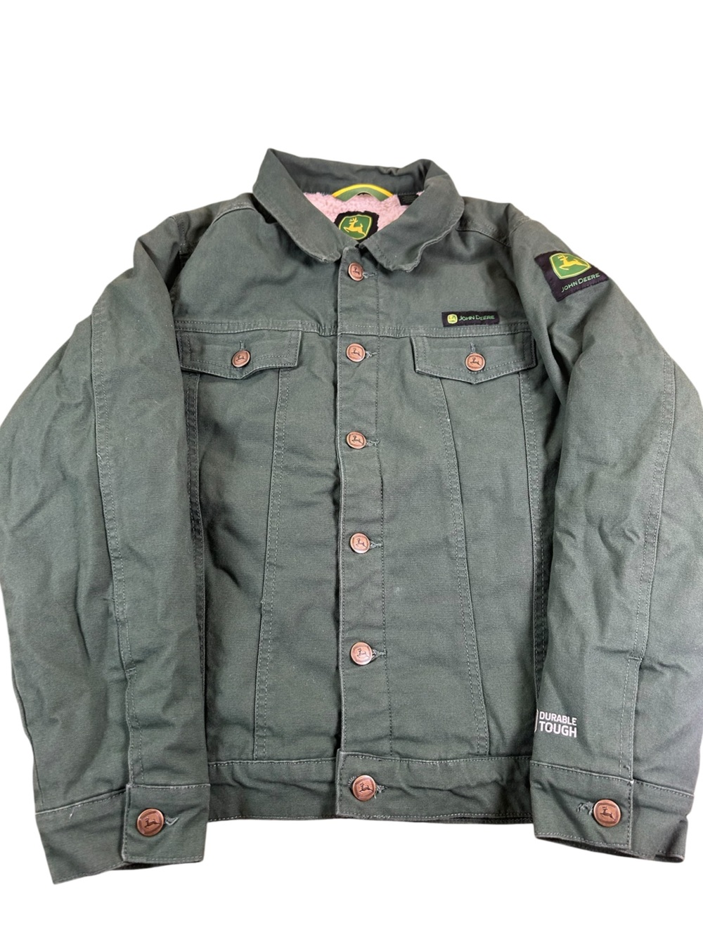 JOHN DEERE NWOT Sherpa Lined Green Canvas Trucker Jacket Kids L 10-12